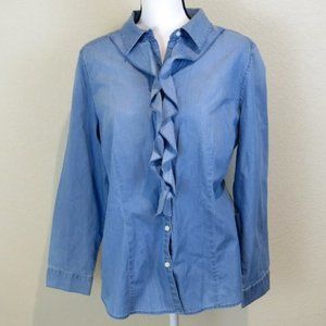 Chico's Light Blue Ruffled Denim Shirt Size L